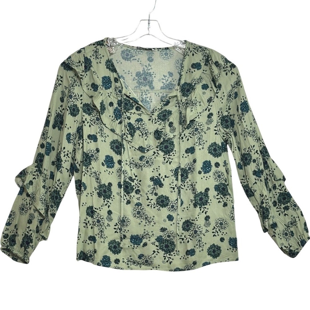 Sonoma Floral Blouse Womens Sage Green Ruffle Long Sleeve Peasant Cottagecore L